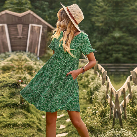 M Women Casual Holiday Print Dress Spring Summer O Neck Short Sleeve Temperament Pastoral A Line Dresses