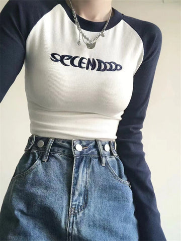 Cyber Y2K Embroidery Crop Top Women Korean Fashion Egirl Slim Long Sleeve T Shirt Female Kpop Sexy Patchwork O-Neck Tees