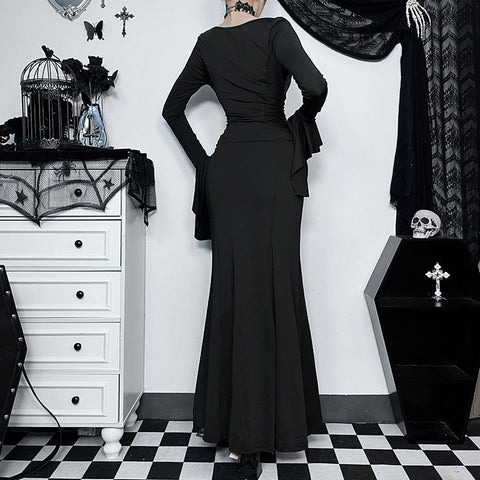 Halloween Gothic Dark Party Dress Women Aesthetic Vintage Elegant Nightclub Long Sleeve High Waist Trumpet Dress Female