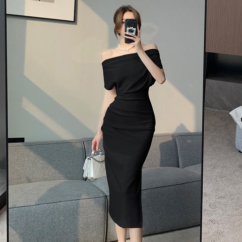 French Temperament Celebrity Wind Sexy Strapless Oblique Collar Dress Female Spring and Summer Slim Open Package Hip Long Dress