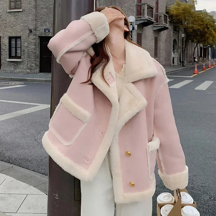 Pink Sherpa Cashmere Jacket Ladies Short Winter Fur Solid Color Loose Stitching Long Sleeve Small Korean Style Thickening New