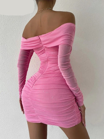 Glitter Pink Mini Dress For Women Off Shoulder Long Sleeves Autumn Vestidos Ruched Bodycon Ruched Sexy Party Dresses