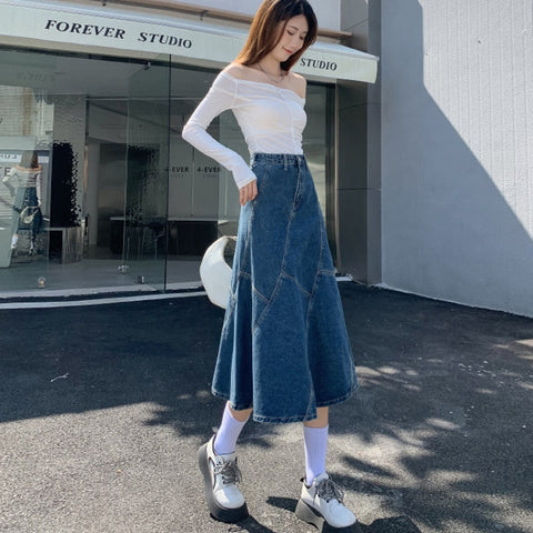 Vintage Women Denim Trumpet Skirt Streetwear Casual Irregular Patchwork A Line High Waist Ladies Mermaid Jean plaid Skirt