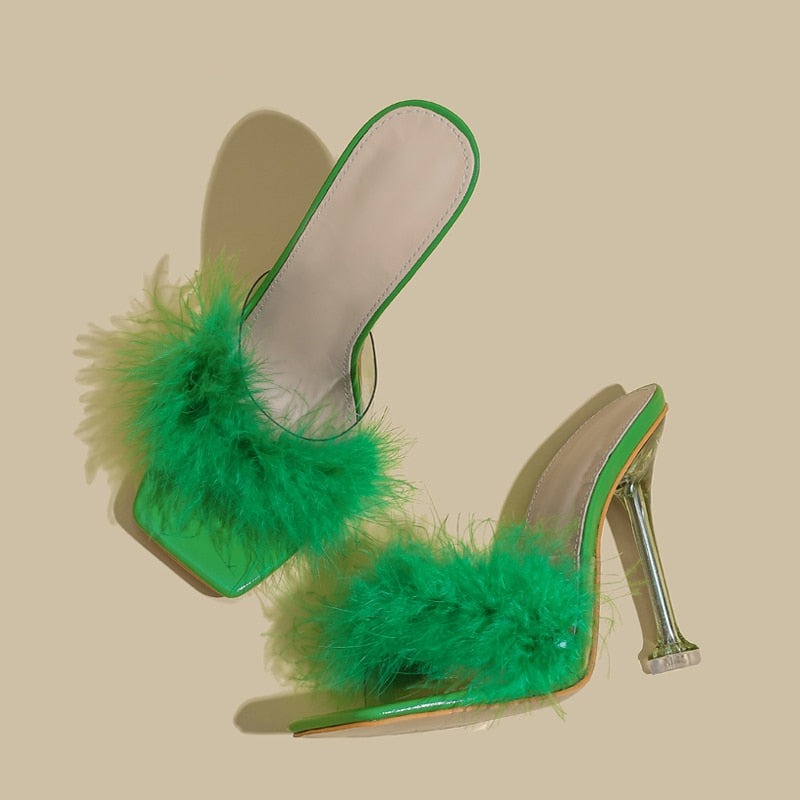 PVC Shoes Slippers Woman Feather Transparent High Heels Fur Pumps Square toe Mules Lady Slides