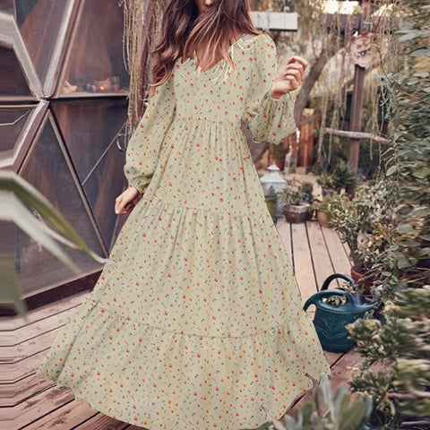 Floral Chiffon Fashion High Quality Maxi Dress Boho Women V-Neck Retro Holiday Leisure Long Sleeved Beach Temperament Lady Robe