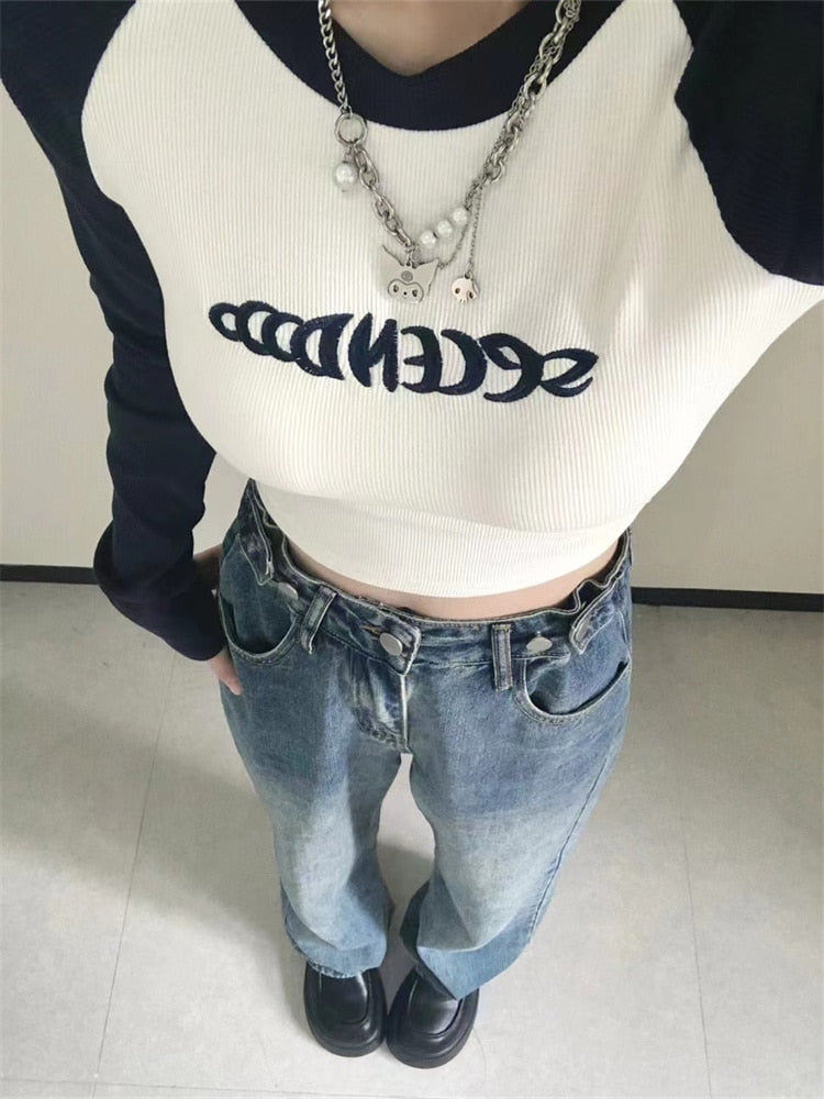 Cyber Y2K Embroidery Crop Top Women Korean Fashion Egirl Slim Long Sleeve T Shirt Female Kpop Sexy Patchwork O-Neck Tees