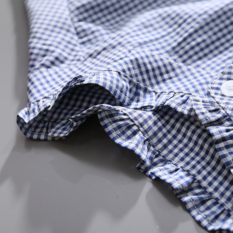 Women's Clothing Spring Summer Tops Vintage French Lantern Sleeve Elegant and Youth Woman Blouses Lace Blue Plaid Shirt