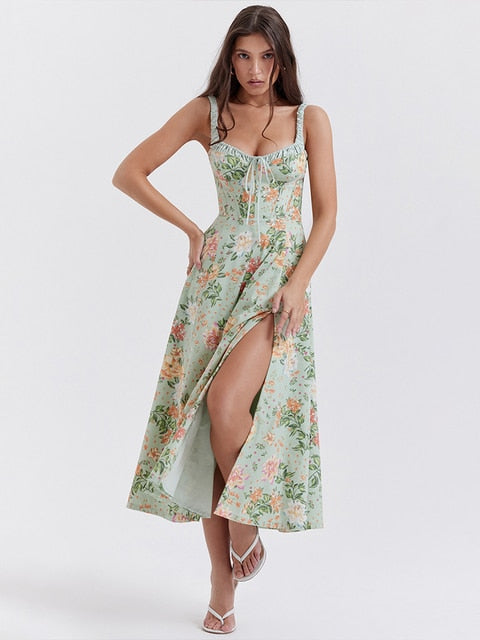 Shoulder Flower Print Sexy Dress For Women High Split Elegant Long Dresses Backless Bodycon Summer Dress Vestidos