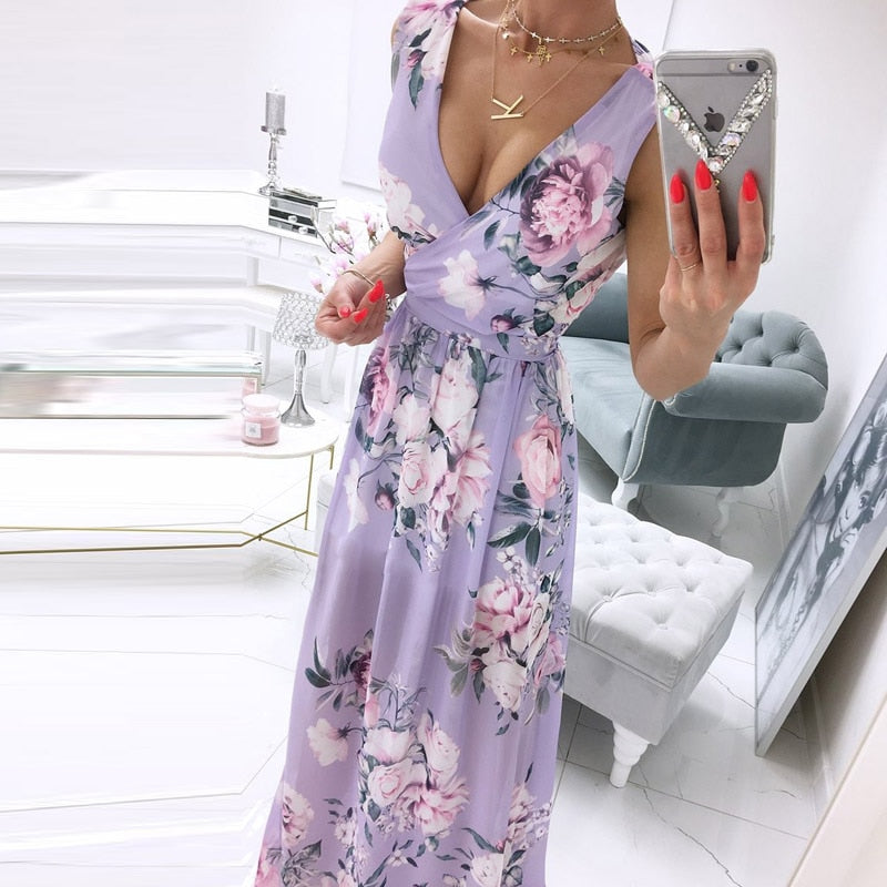 New Sexy V-Neck Women Sleeveless Solid Party Dress Casual Draped Festive Dress Elegant Summer Chiffon Wrap Slit Maxi Dress Mujer