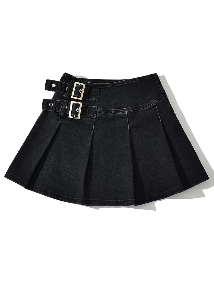 Summer New TARUXY Denim Y2k Skirt with Pleats and Belt 90s E-girl Korean Skirts For Women High Street Jeans Short Bottom