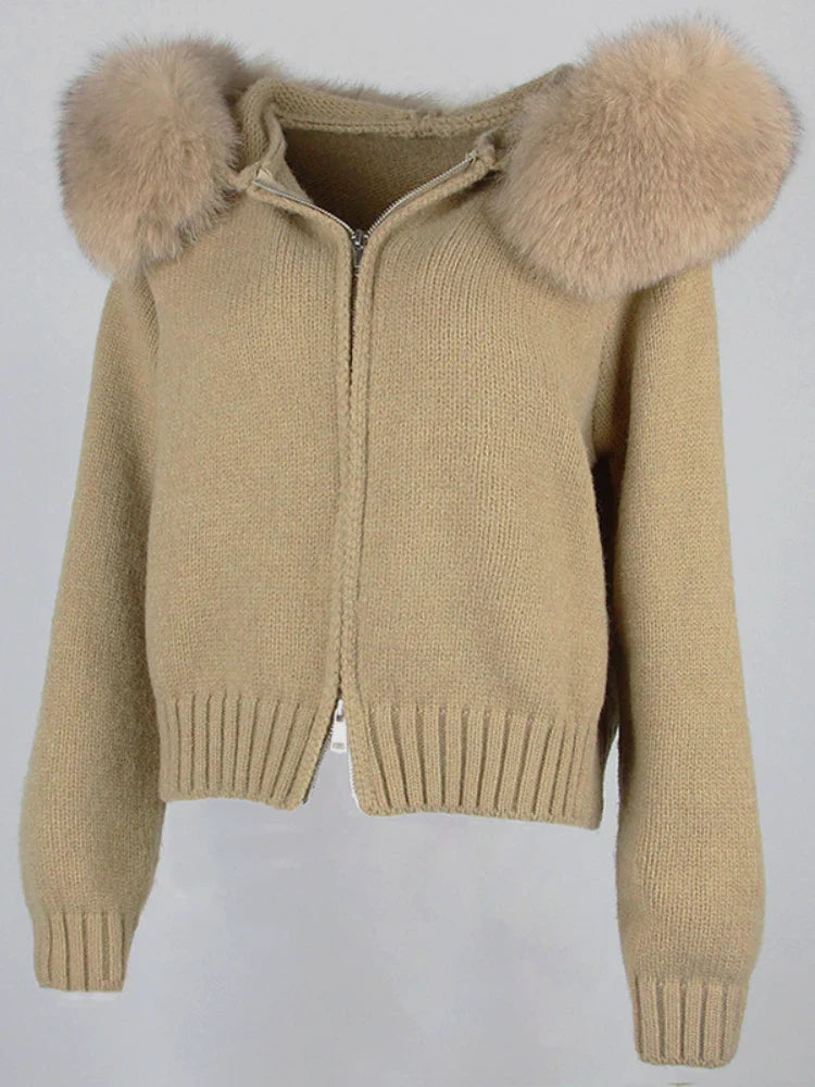 Fashion Autumn Winter Casual Hooded Real Fox Fur Collar Fashion Short Knitted Jacket with Natural Fur Coat for Women