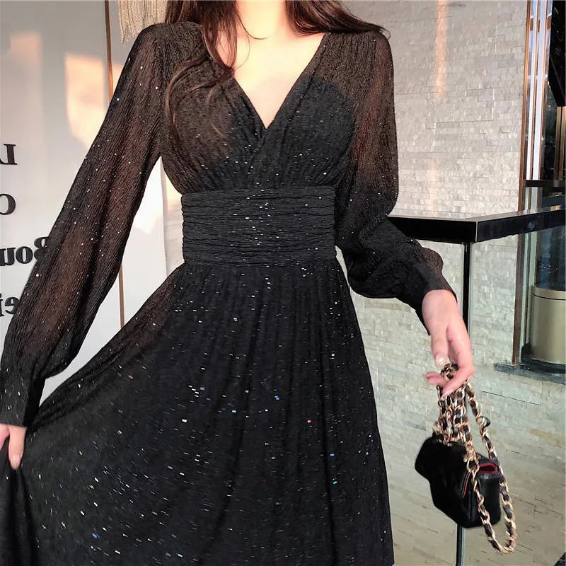 Spring Autumn V-neck Elegant Fashion Sequins Dresses Women Long Sleeve Temperament Evening Party Maxi Dress Robe Femme Vestidos