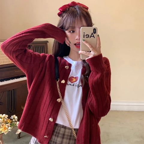 Kawaii Woman Sweaters Knitted Cardigan Winter Korean Fashion Cute Heart Buttons Long Sleeve Burgundy Red White Sweater Tops