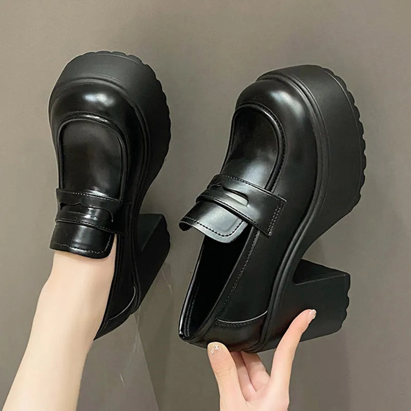 Black White Chunky Platform Loafers Women Autumn Thick High Heel Pumps Woman Slip On Pu Leather Goth Shoes Female