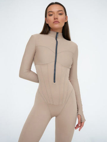 Sexy Elegant Women Zip-up O-neck Long Sleeve Jumpsuit Streetwear Summer Female Overalls One Piece Fitness Sports Bodysuits