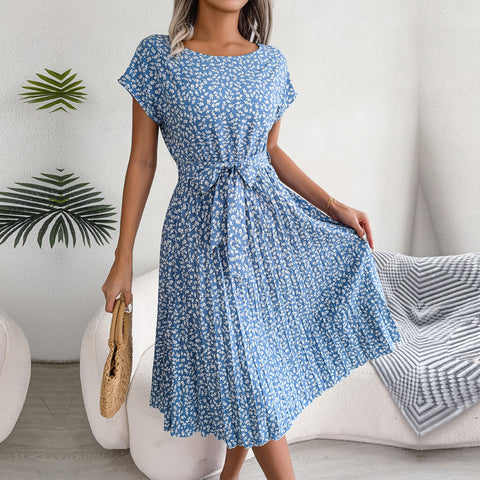 Fashion Floral Pleated A Line Long Dress Women Spring Summer Short Sleeve High Waist Chic Dress