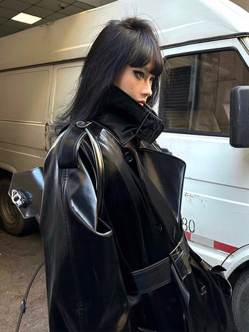 Spring Autumn Extra Long Oversized Cool Reflective Shiny Black Paten Leather Trench Coat for Women Belt Runway Fashion