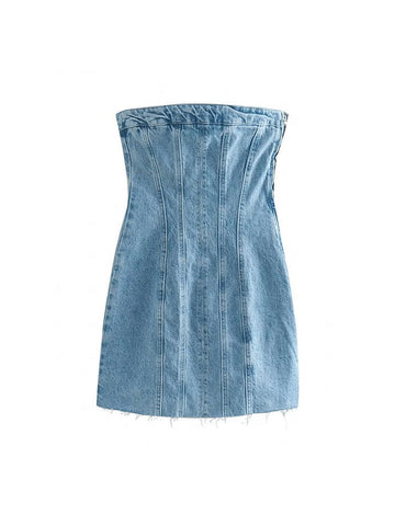 Blue Dress for Women Summer Denim Strapless Tube Top Dress Sexy Solid High Street Chest Wrapping Dresses