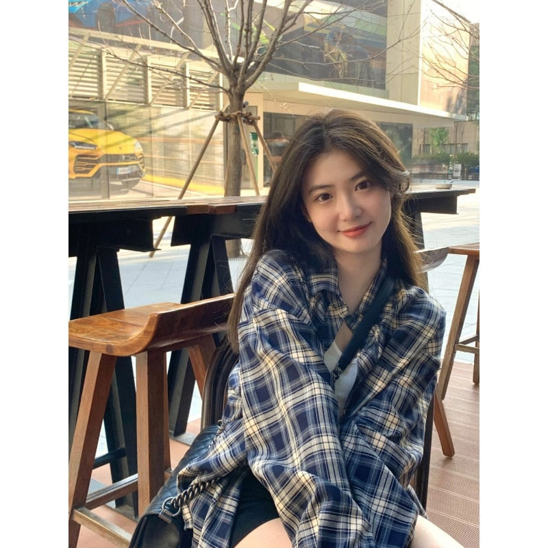 Plaid Shirt Lazy Style Retro Loose Shirt Cardigan Female Women's Shirt Coat Long Sleeve Autumn Spring Clothes South Korea