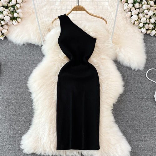 Sexy One Shoulder Crochet Bodycon Dress Chic Knitted Elegant Midi Vestidos Fashion Party Club Dresses Slim Goth Women Sundress