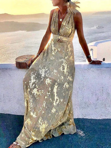 Summer Hollow High Waist Hem Tank Dress Elegant Gold Print Sleeveless Long Dress Sexy Deep V Neck Off Shoulder Boho Party Dress