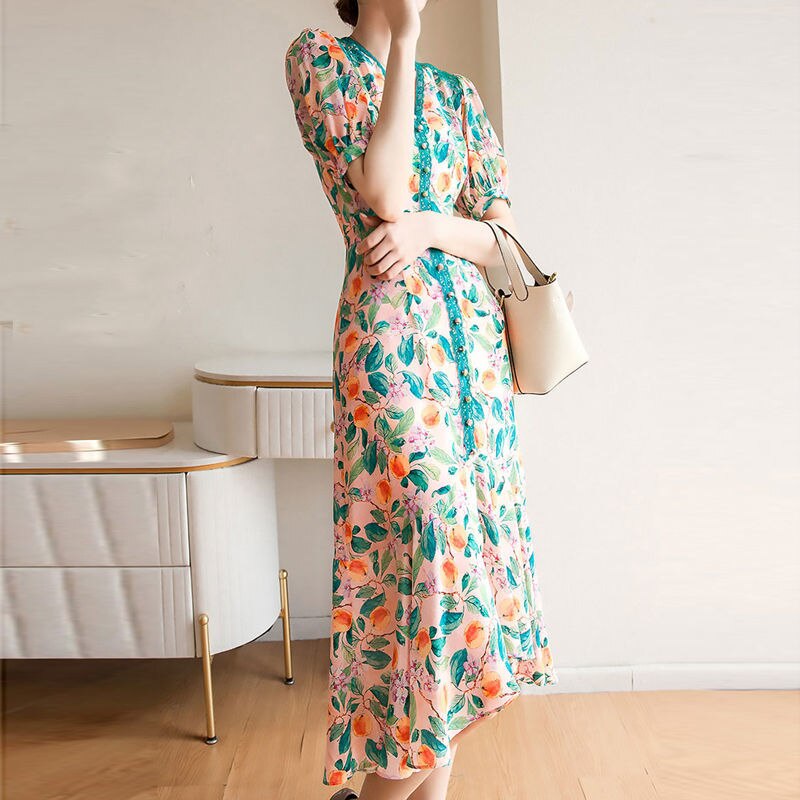 French slim chiffon floral Dress Spring Summer mid-length V neck short-sleeved irregular fishtail Dress Women