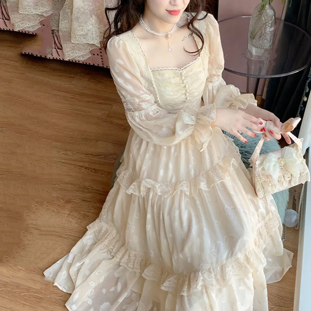 Medieval Romantic French Court Style Dress Womens Spring Flare Sleeve High Waist Elegant Female Dress Vintage Long Dresses
