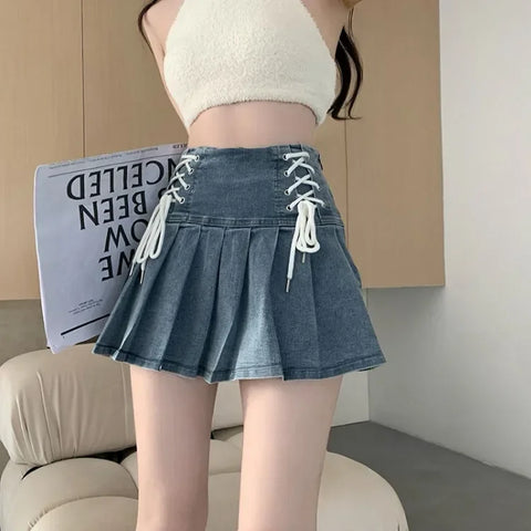 Korean Chic Blue Denim Skirt for Women Summer New High Waist A-line Skirts Y2k E-Girl Drawstring Bow Faldas Mujer