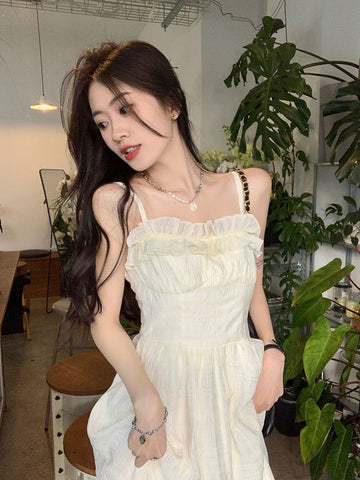 Apricot Midi Dress Women Princess Chic Aesthetic Holiday Leisure Ruffles Vintage French Style Sleeveless Partywear Summer Young