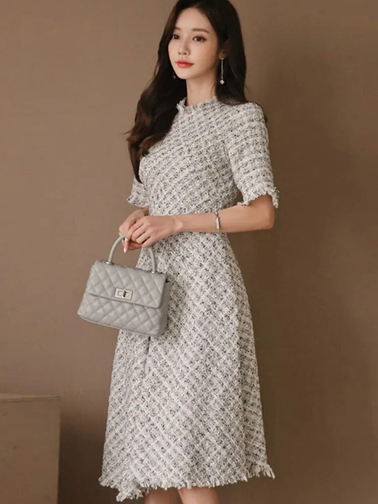 Fashion Korean Elegant Midi Tweed Dress Women Luxury Chic Casual Plaid Slim Gown Robe Femme Ladies Female Mujer Party Vestidos