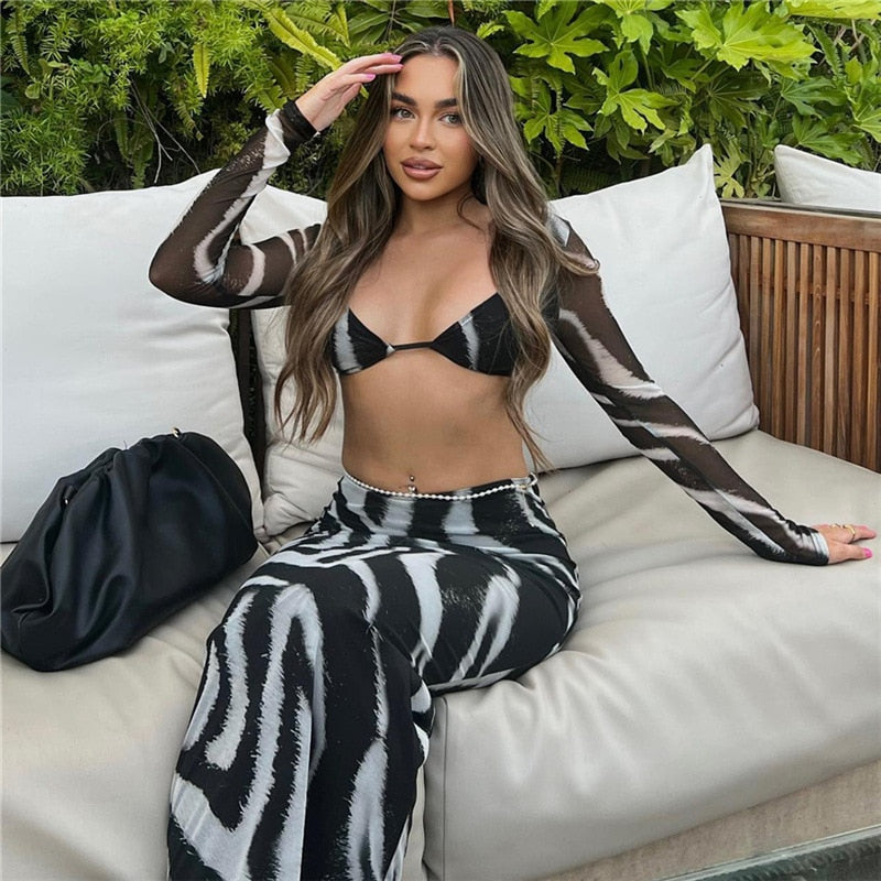 Women Skirts Sets Elegant Sexy Zebra Print Two Piece Sets Party Outfits Summer Long Sleeve T-shirts and Maxi Skirts Suits