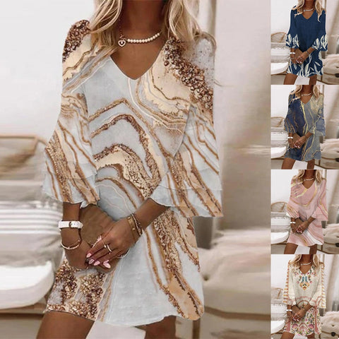 Pbong mid size graduation outfit romantic style teen swag clean girl ideas 90s latina aesthetic Women Fashion A-Line Dress Vintage Marble Print Flare Sleeve V-Neck Loose Mini Dress Female Summer Elegant Beach Dress Vestidos