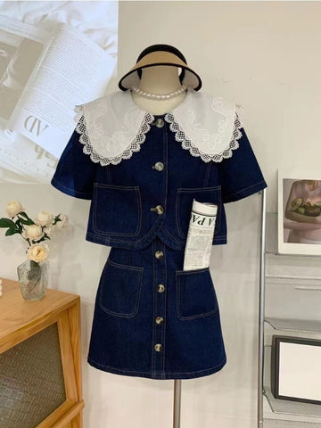 Summer Women Sweet Denim Suit Lace Peter Pan Collar Single Breasted Tops+high Waist A-line Skirts Two Piece Set