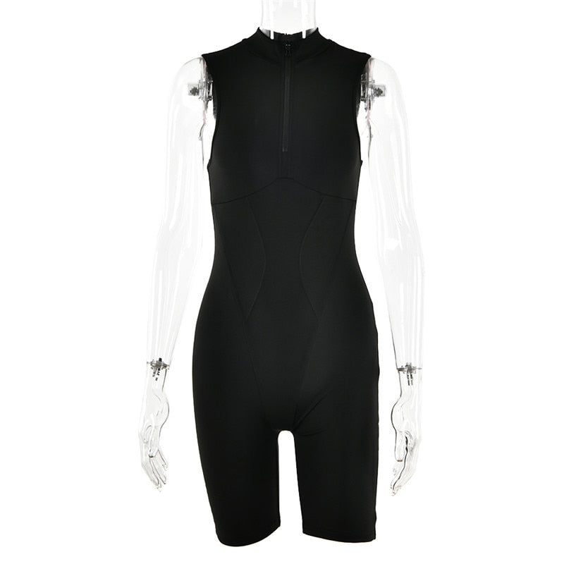 Casual Sporty Playsuit Women Overalls New O Neck Zipper Skinny Jumpsuit Female Rompers Workout Fitness Playsuits