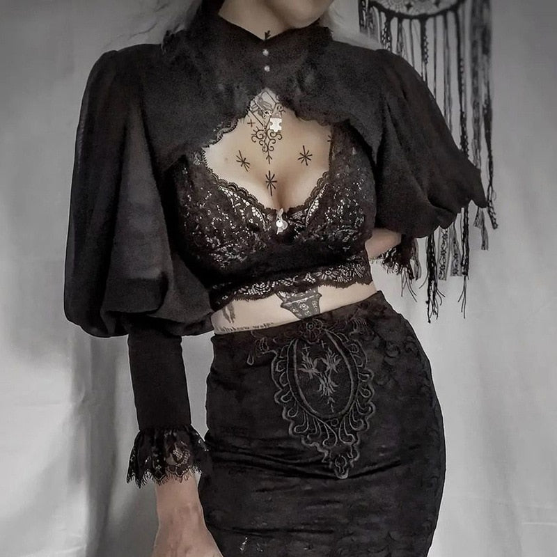 Gothic Lantern Sleeve Smock High Street Sexy Black Winter Long Sleeve Crop Top Aesthetic Fairy