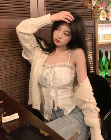 Pure Color Lace Strap Blouse Ladies Casual Spring Elegant Sexy Crop Tops Party Slim Korean Style Fashion Vest Design Chic