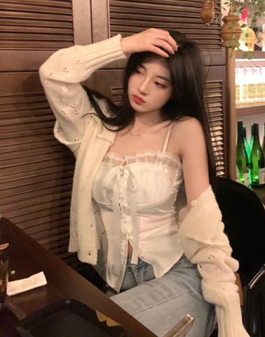 Pure Color Lace Strap Blouse Ladies Casual Spring Elegant Sexy Crop Tops Party Slim Korean Style Fashion Vest Design Chic