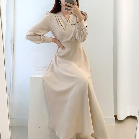 Harajuku V-neck Puff Sleeve A-line Maxi Dresses for Woman Women Solid Color Midi Robe Korean Office Dresses Elegant Spring