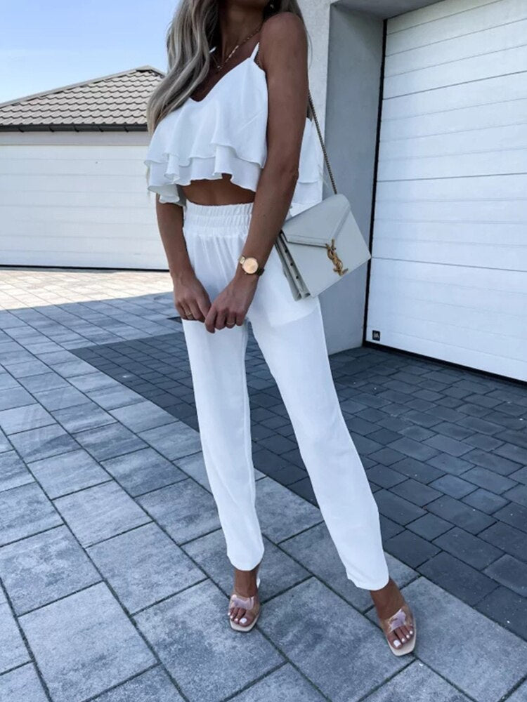 Elegant Casual Solid Two Piece Set New Women V Neck Ruffles Sling Tops+Elastic Waist Long Harem Pants Summer Fashion Chic Outfit