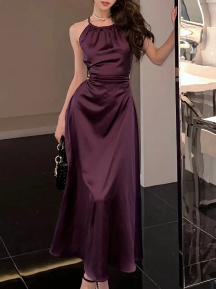 Vintage Satin Midi Dresses for Women New Summer French Fold Hollow Out Elegant Prom Fashion Slim Casual Female Clothes Robe