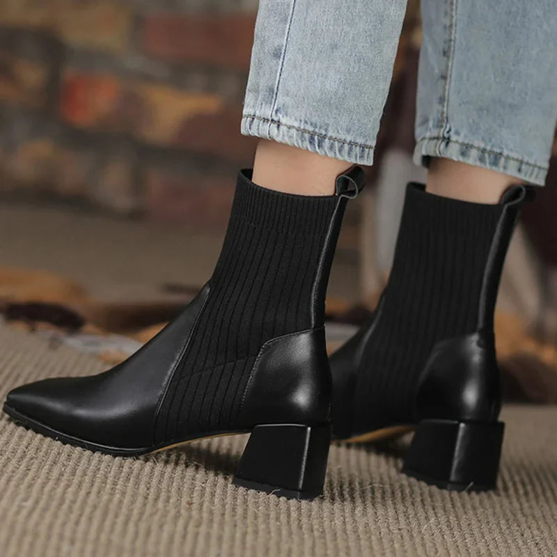 Autumn Winter Ankle Socks Shoes Women Fashion Short Boots Knitted Short Boots Women Slip On High Heels Botas De Mujer