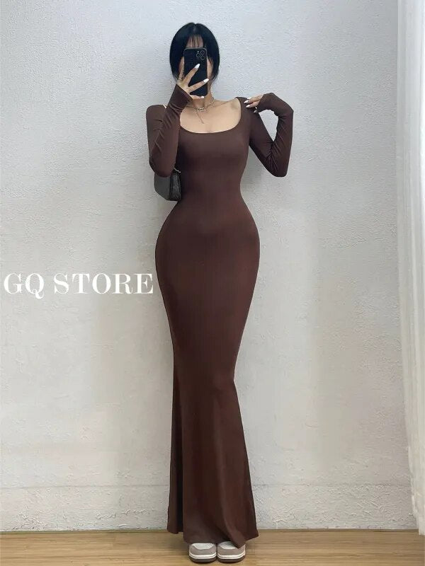 Sexy Square Collar Long Sleeve Fishtail Dress Tight Figure Wrap Hip Super Long Dresses Fashion Korean Tops