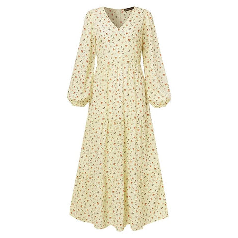 Floral Chiffon Fashion High Quality Maxi Dress Boho Women V-Neck Retro Holiday Leisure Long Sleeved Beach Temperament Lady Robe