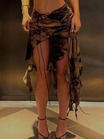 Sexy Ruffles Asymmetrical Skirts Women Lace Up Printing Outfits Female Vacation Clubwear Summer Women's harajuku Skirt