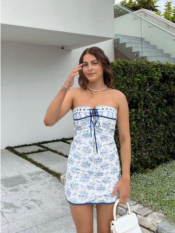 Floral Printed Vacation Women Dress Off-shoulder Blue Metal Button Spring Skinny Elegant Outside Female Mini Dresses