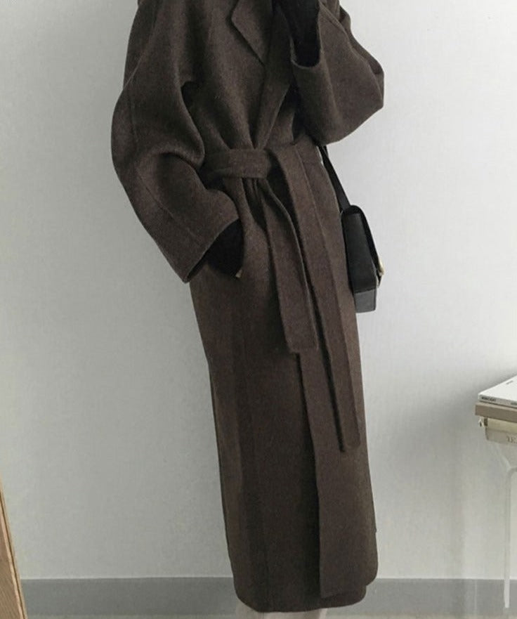 French Lazy Style Warm Female Fresh Winter Classical Belt Retro Loose Women Woolen Coats Chic Casual Long Coat Long