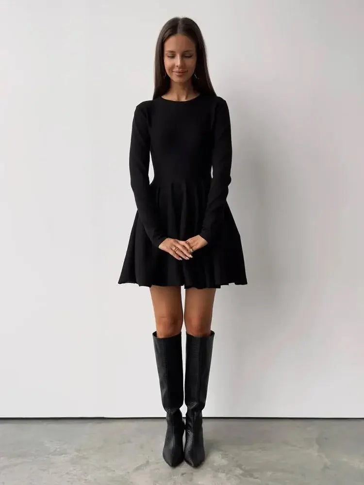 French Waistline Long-sleeved Slim-fit Bottom Knit Dress Women Autumn Winter Casual A-line Evening Party Dresses O-neck