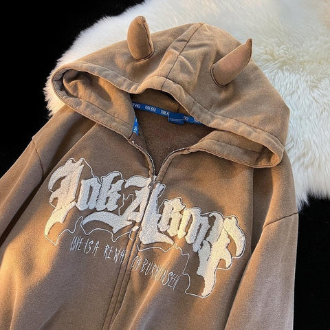 Women Letter Embroidery Hoodies Autumn Winter Vintage Zipper Long Sleeve Oversized Jacket Coat Harajuku Casual Hooded Sweatshirt