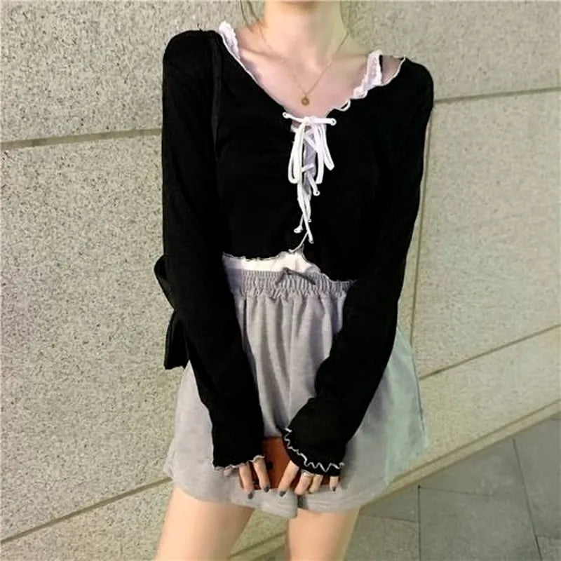 Women Long Sleeve T-shirts Lace-up Cardigan Patchwork Ruffles Trendy Sweet Lovely Crop Tops Sexy Females Coat Leisure Outwear