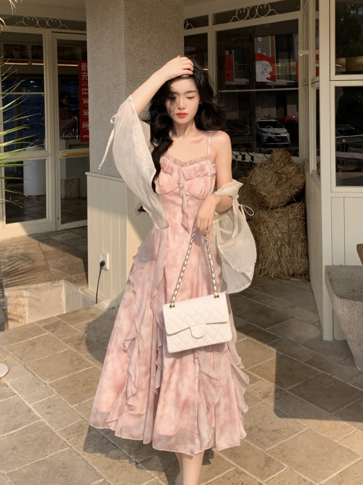 Casual Fairy Floral Strap Dress Women Chiffon Elegant Evening Party Midi Dress Ruffle Sweet Korean Dress Women Sweet Summer